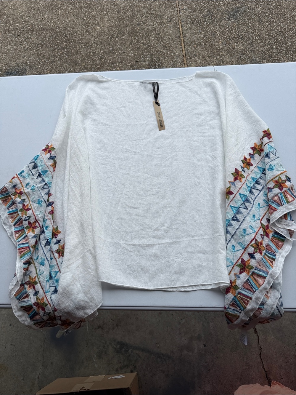 Coco + Carmen White Boho Poncho with Multicolor Embroidered Sleeves